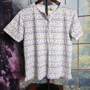 S White with Blue and Yellow Floral Classic Elements Short Sleeve